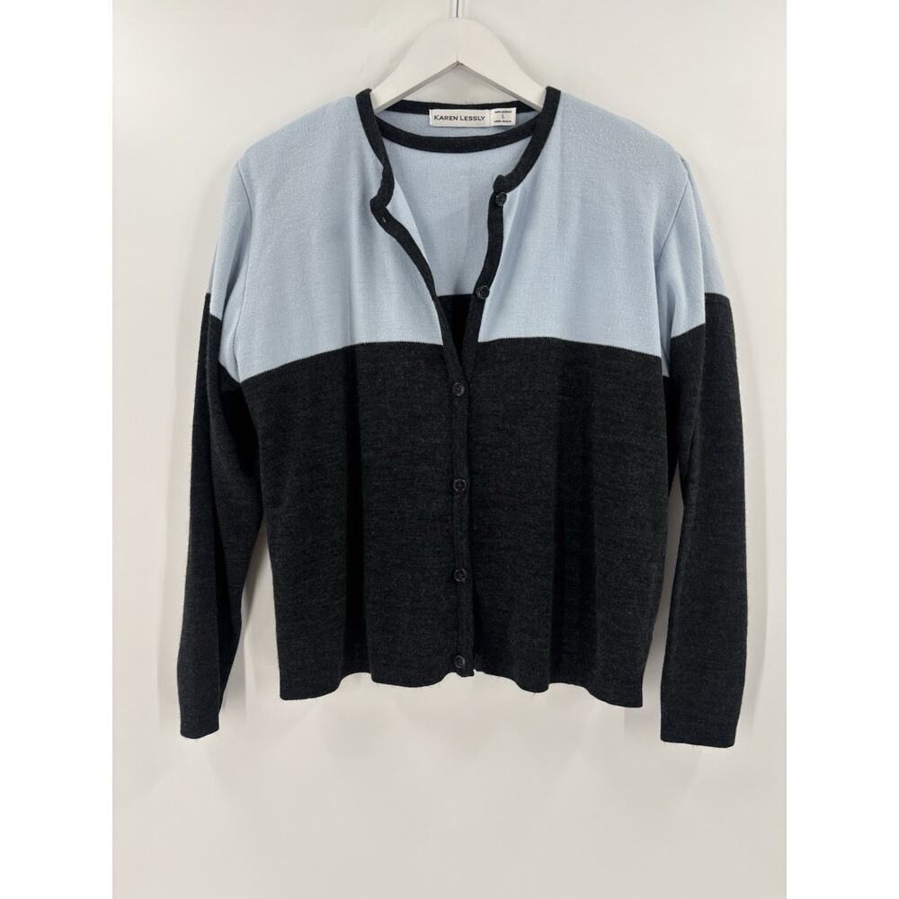 Karen Lessly Vintage Blouse Cardigan Sweater Set Womens Large Blue Gray 90s Knit